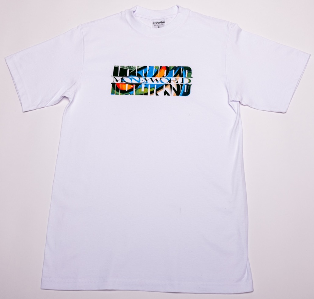 MoneyWorld White Tee, original front photograph with the multicolor chest print